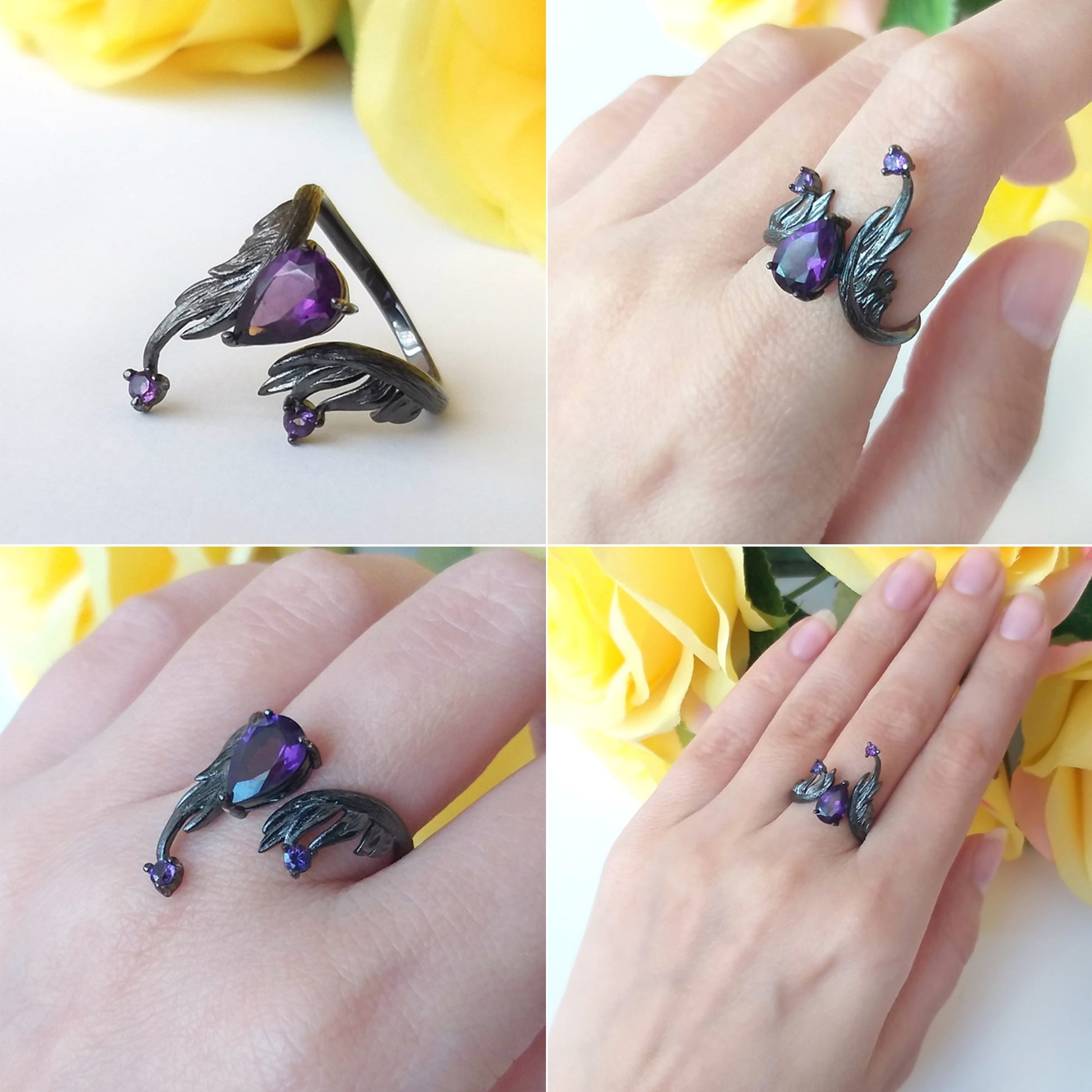 Amethyst Sterling Adjustable Angel's Wing Ring - thebodymindsoulshop