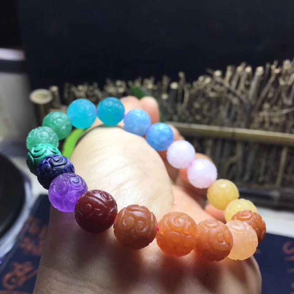 Rainbow Carved Stone Bead Bracelet - thebodymindsoulshop