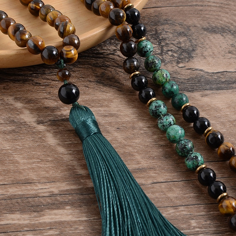 Tiger Eye, Black Onyx, 108 Bead Mala with Bracelet - thebodymindsoulshop