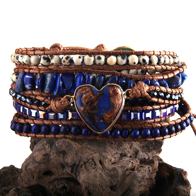 Natural Stones Heart Charm 5 Strands Wrap Bracelet - thebodymindsoulshop