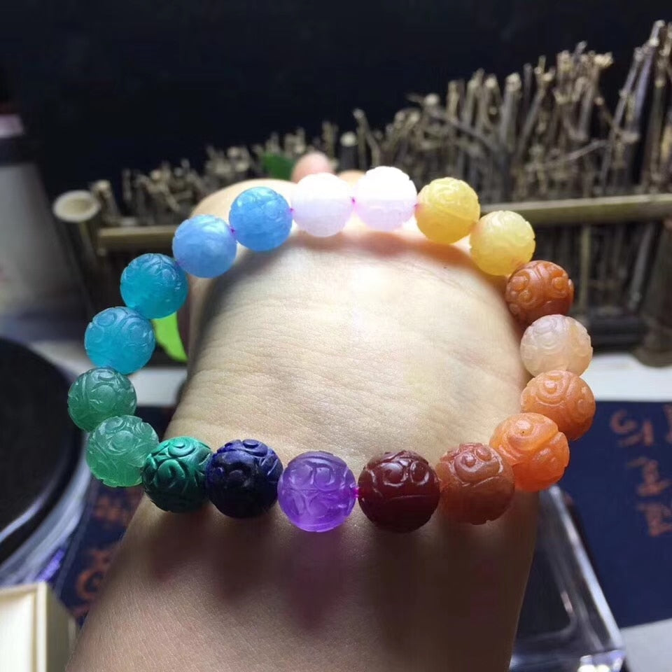 Rainbow Carved Stone Bead Bracelet - thebodymindsoulshop