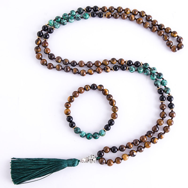 Tiger Eye, Black Onyx, 108 Bead Mala with Bracelet - thebodymindsoulshop