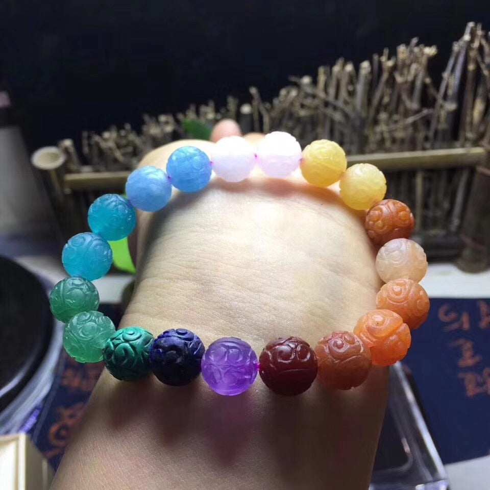 Rainbow Carved Stone Bead Bracelet - thebodymindsoulshop