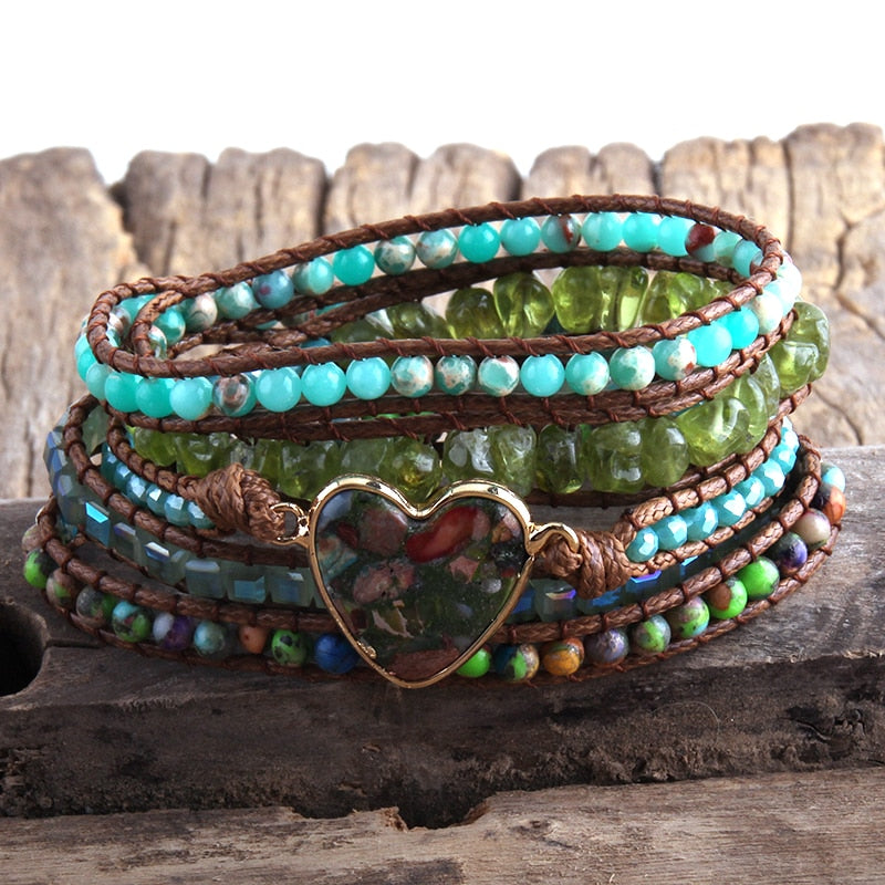 Natural Stones Heart Charm 5 Strands Wrap Bracelet - thebodymindsoulshop