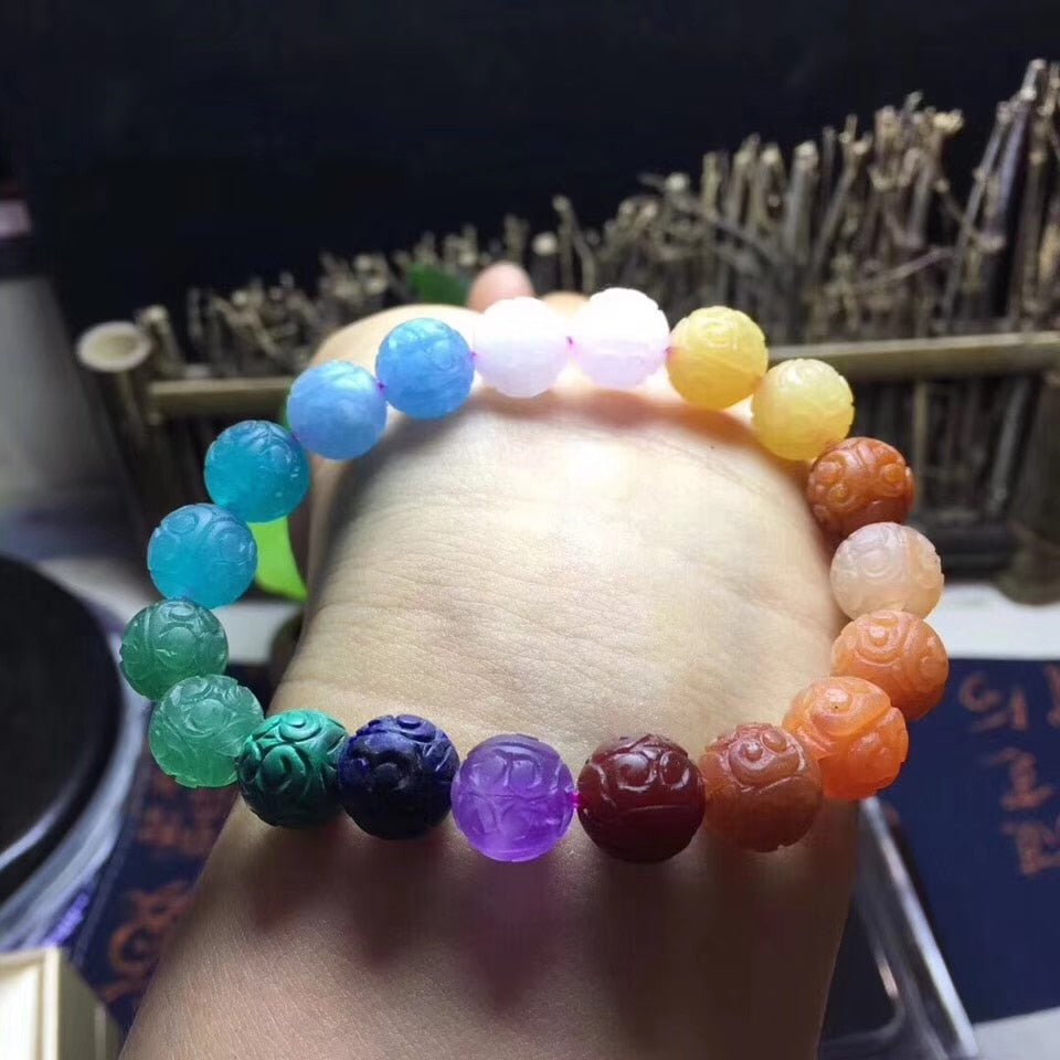 Rainbow Carved Stone Bead Bracelet - thebodymindsoulshop