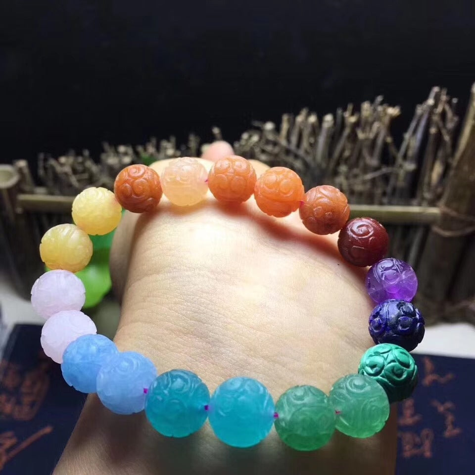 Rainbow Carved Stone Bead Bracelet - thebodymindsoulshop