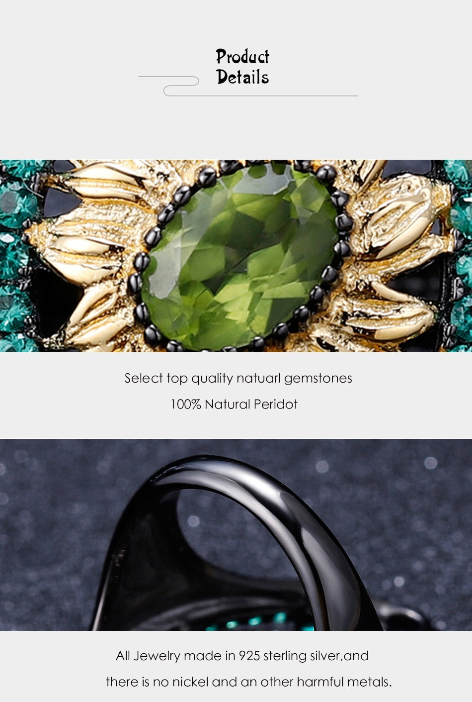 Peridot Sunflower Sterling & Gold Ring - thebodymindsoulshop