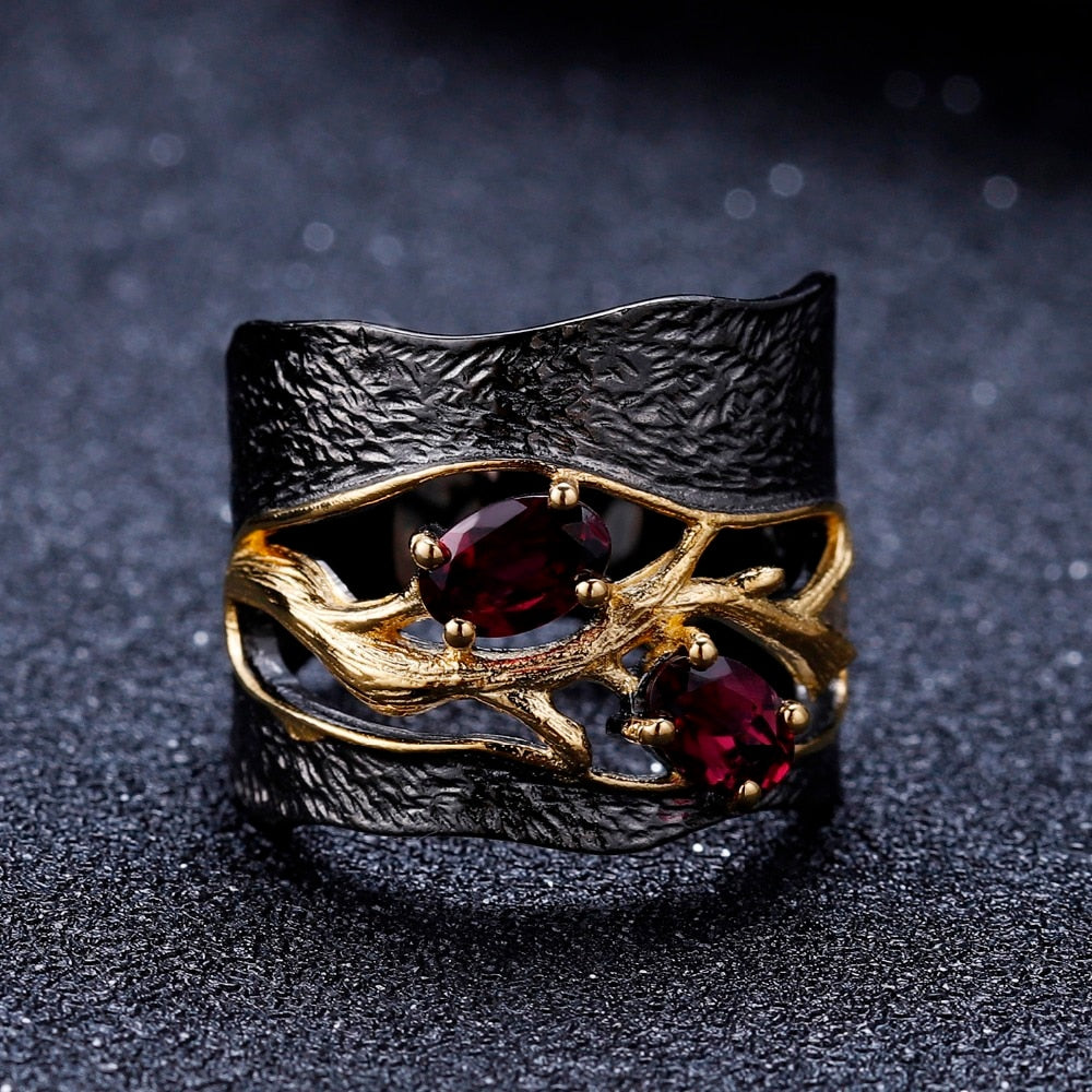 Garnet, Sterling & Gold Branch Ring, Unisex - thebodymindsoulshop