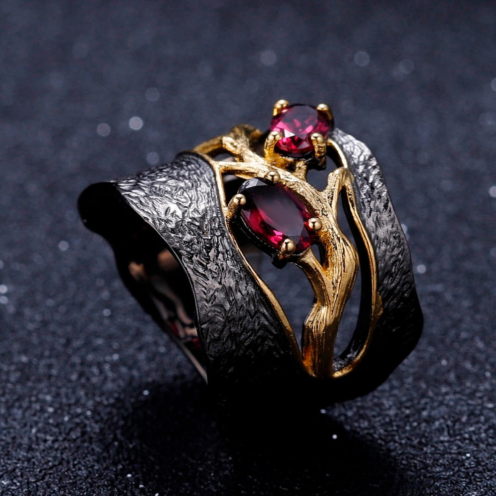 Garnet, Sterling & Gold Branch Ring, Unisex - thebodymindsoulshop