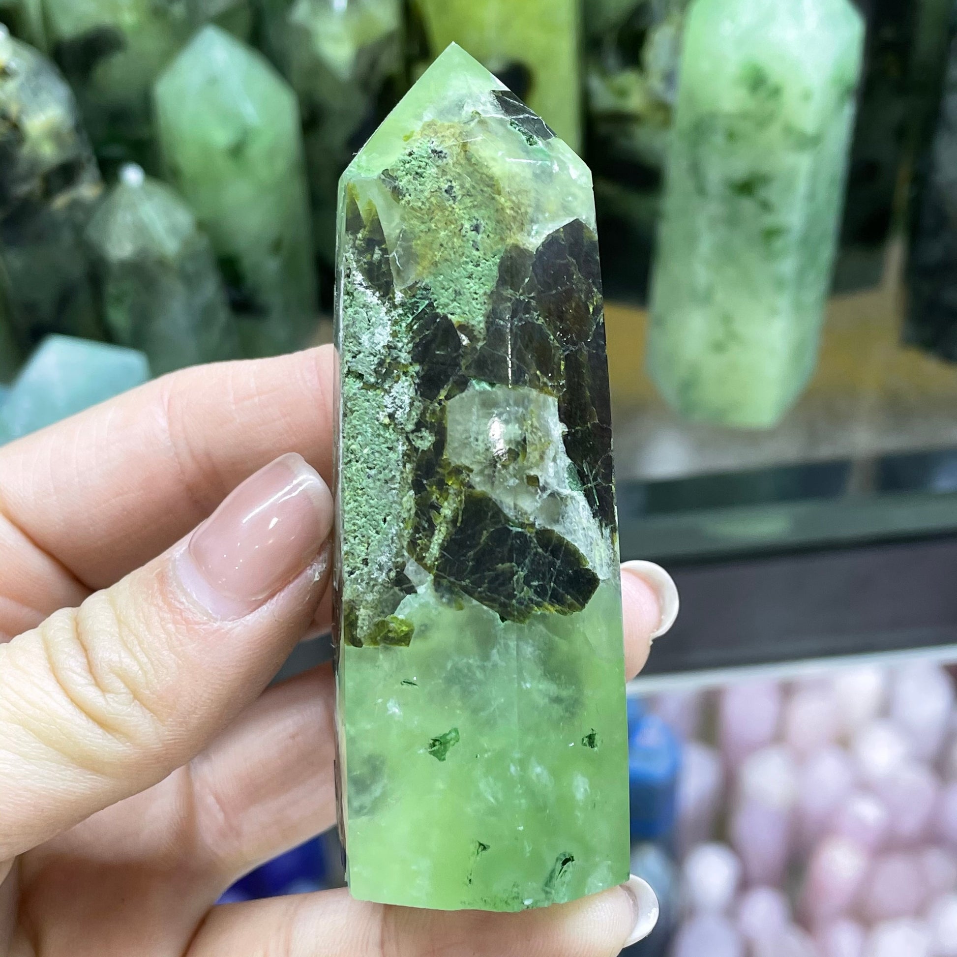 Prehnite Crystal Point Obelisk - thebodymindsoulshop