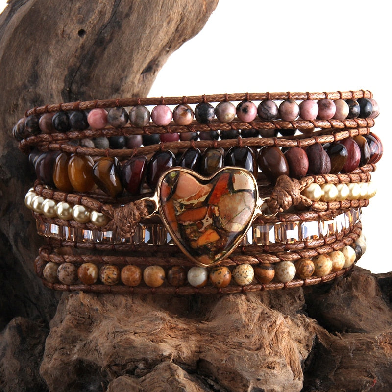 Natural Stones Heart Charm 5 Strands Wrap Bracelet - thebodymindsoulshop