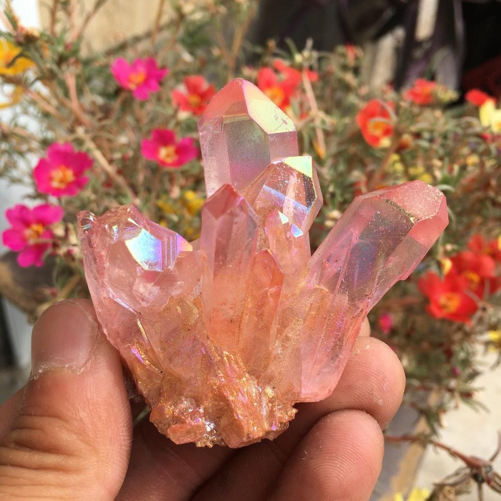 Rare Rose Flame Aura Quartz Cluster - thebodymindsoulshop