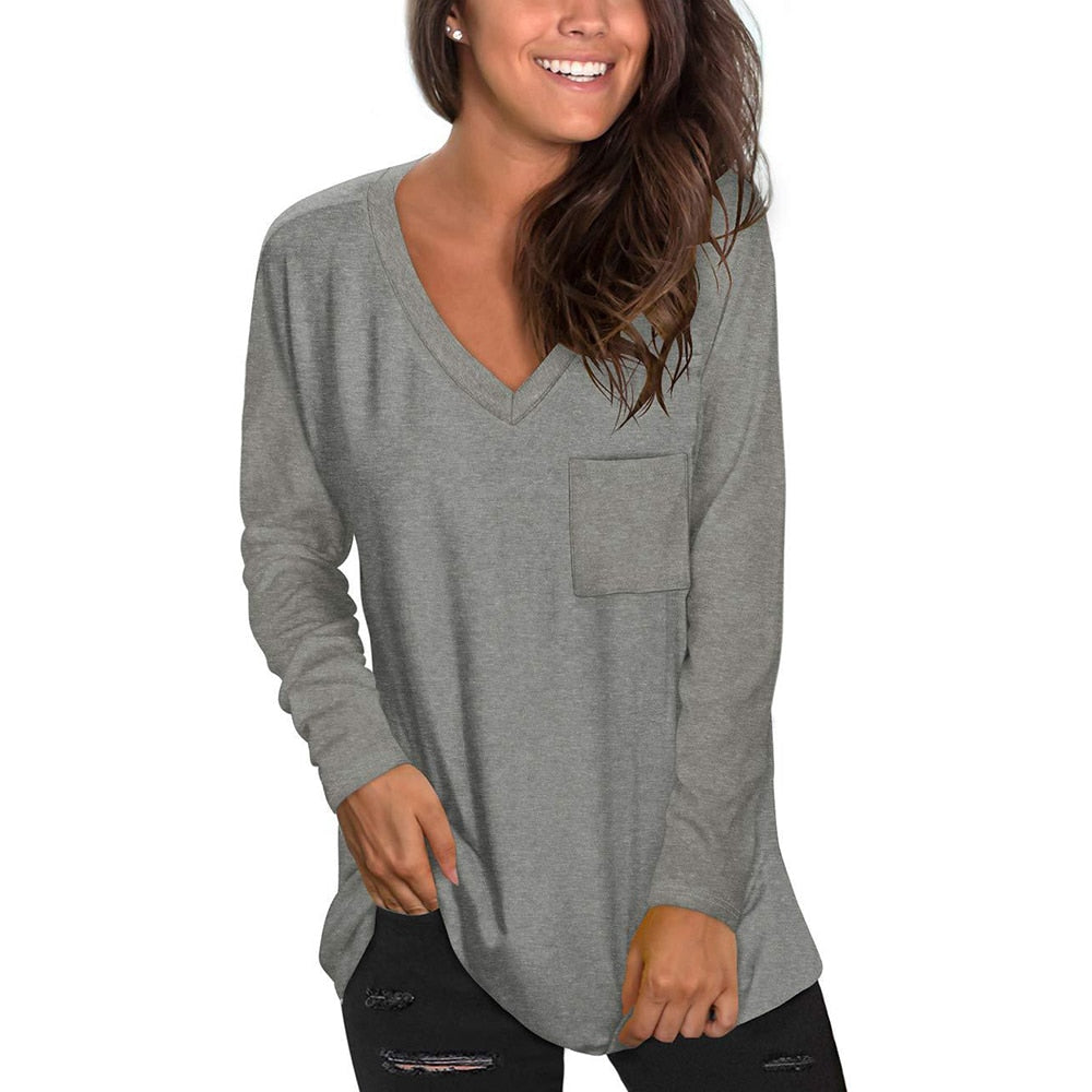 Long Sleeve T-Shirt, V-Neck, Pocket Top - thebodymindsoulshop