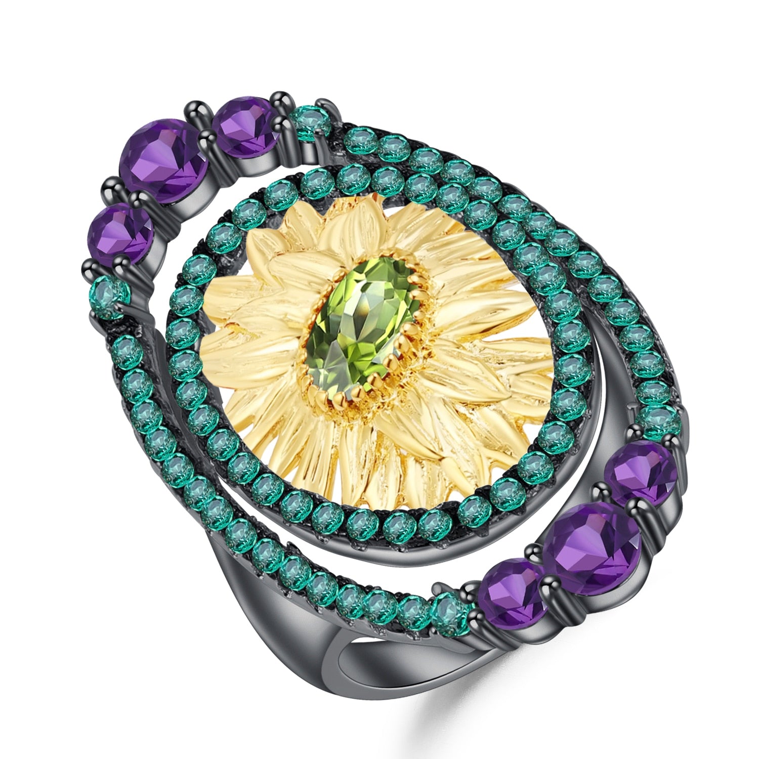 Peridot Sunflower Sterling & Gold Ring - thebodymindsoulshop