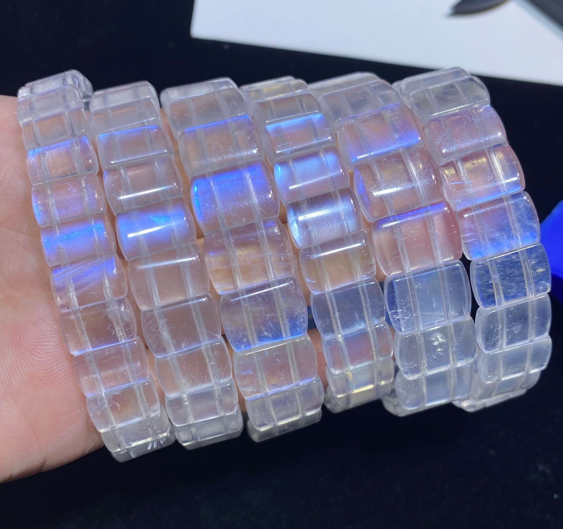 Blue Light Moonstone, Rectangle Bead Bracelets - thebodymindsoulshop