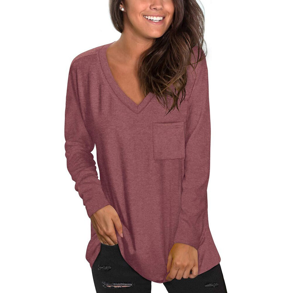 Long Sleeve T-Shirt, V-Neck, Pocket Top - thebodymindsoulshop