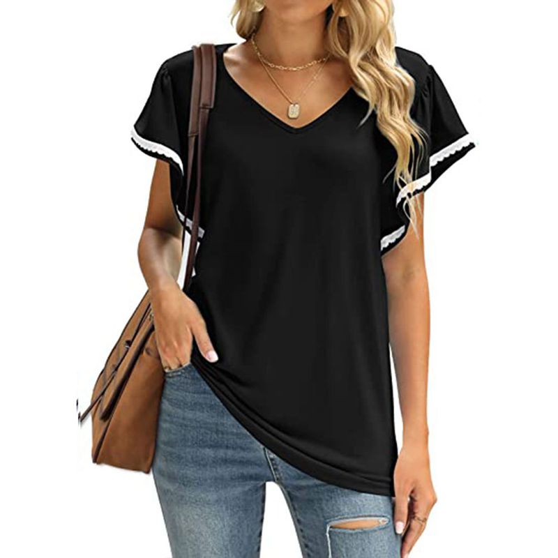 Women's V-Neck Ruffle Sleeve Loose fit T-Shirt - thebodymindsoulshop