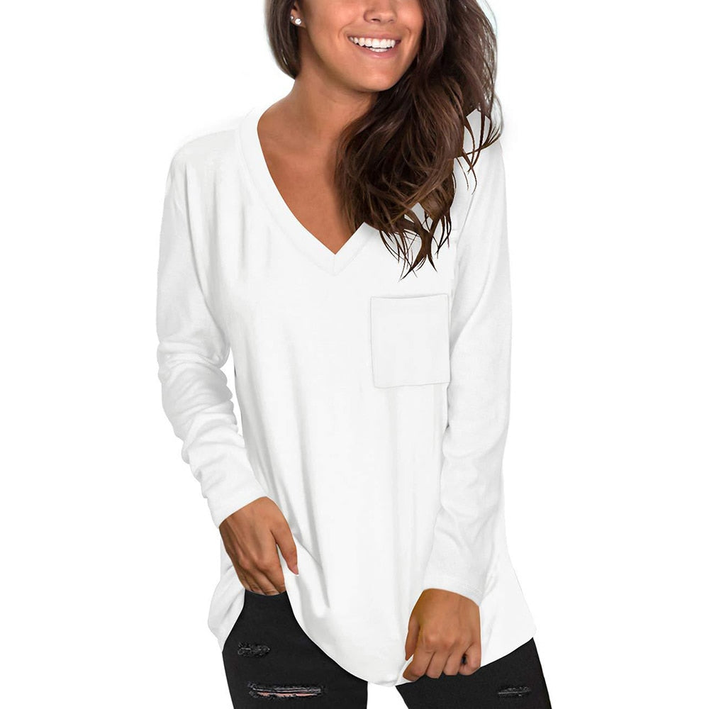 Long Sleeve T-Shirt, V-Neck, Pocket Top - thebodymindsoulshop