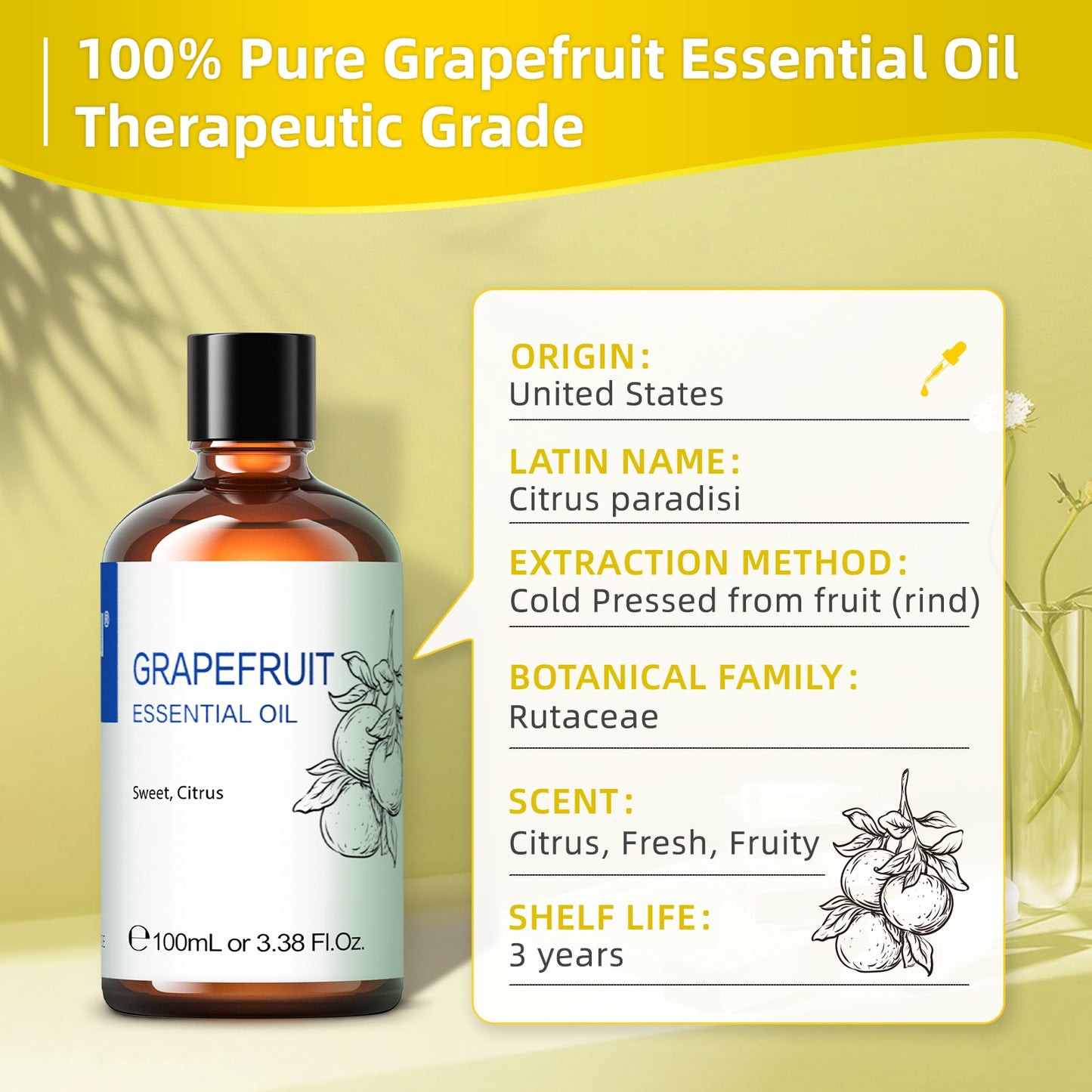 HIQILI 100ML,100% Pure Grapefruit Essential Oil - thebodymindsoulshop