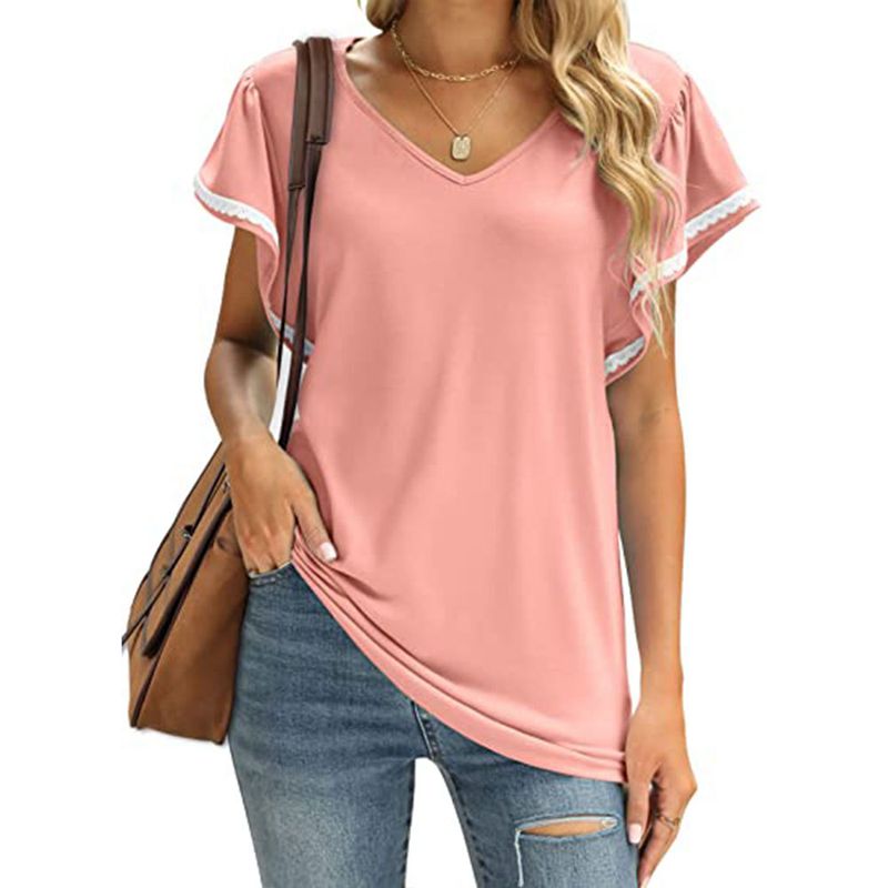 Women's V-Neck Ruffle Sleeve Loose fit T-Shirt - thebodymindsoulshop