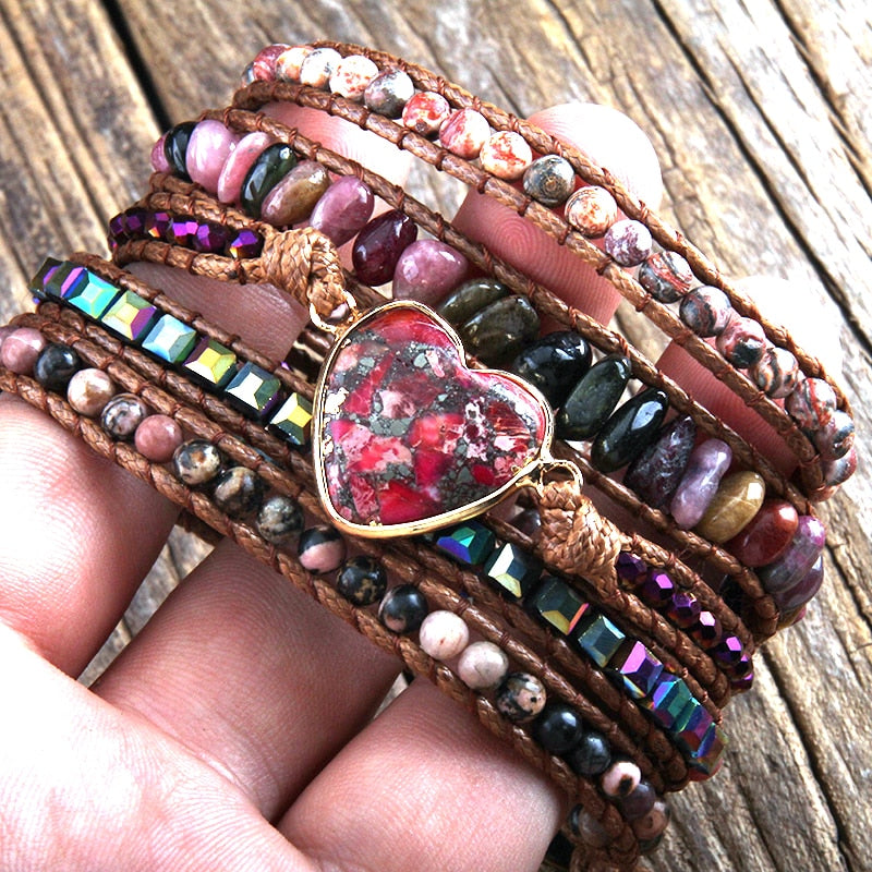 Natural Stones Heart Charm 5 Strands Wrap Bracelet - thebodymindsoulshop