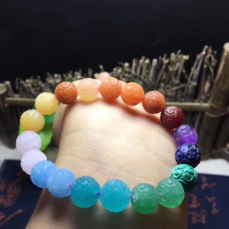 Rainbow Carved Stone Bead Bracelet - thebodymindsoulshop