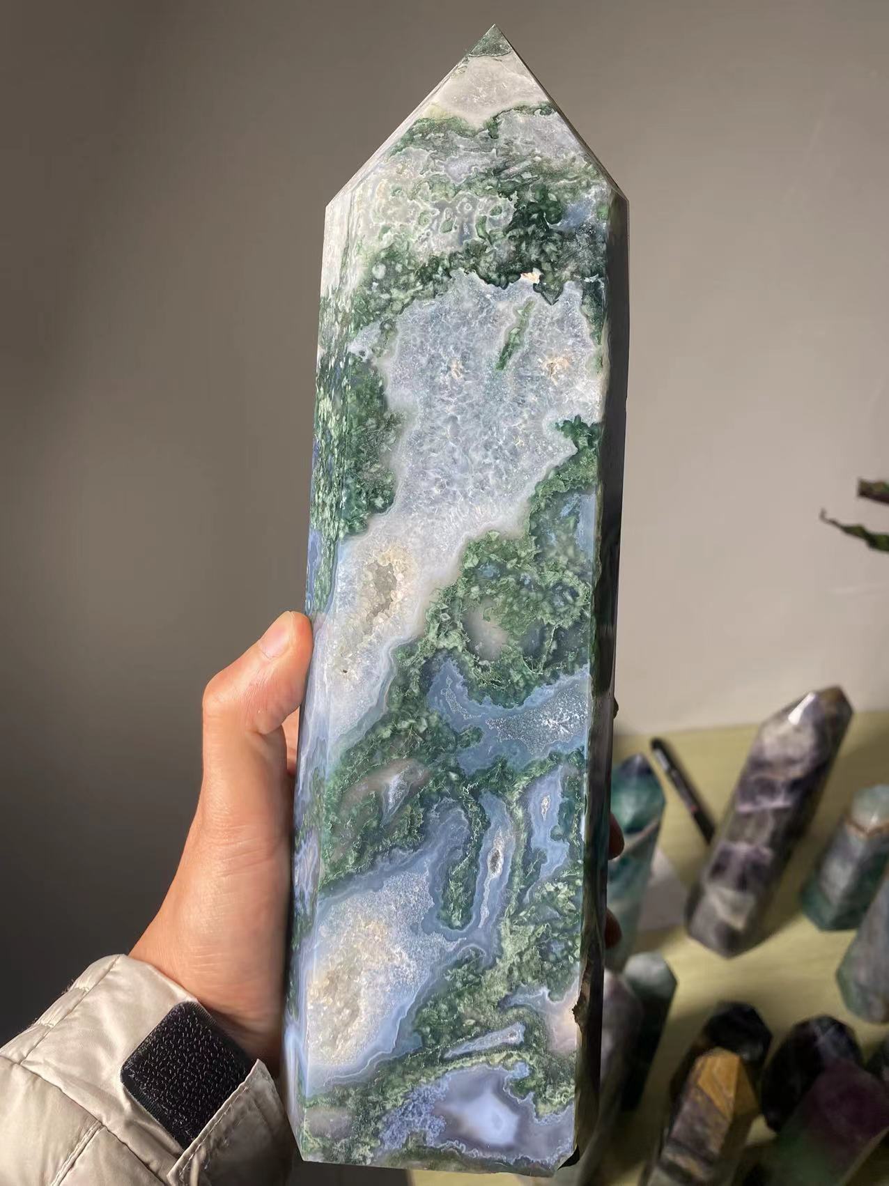 Large moss agate crystal tower - thebodymindsoulshop