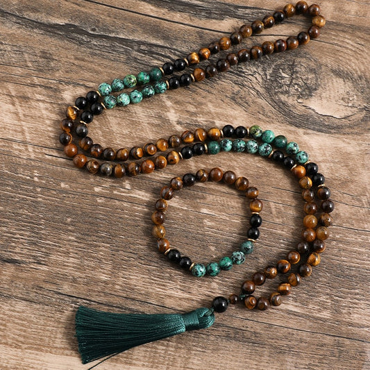 Tiger Eye, Black Onyx, 108 Bead Mala with Bracelet - thebodymindsoulshop