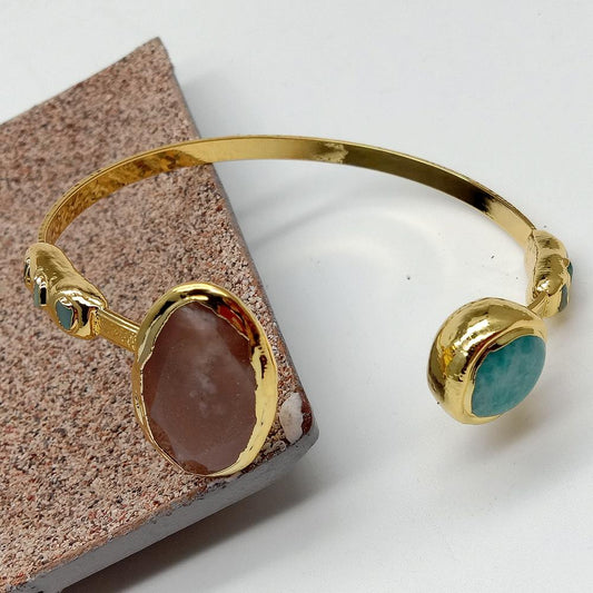 Peruvian Amazonite & Sunstone Gold plated Bangle - thebodymindsoulshop