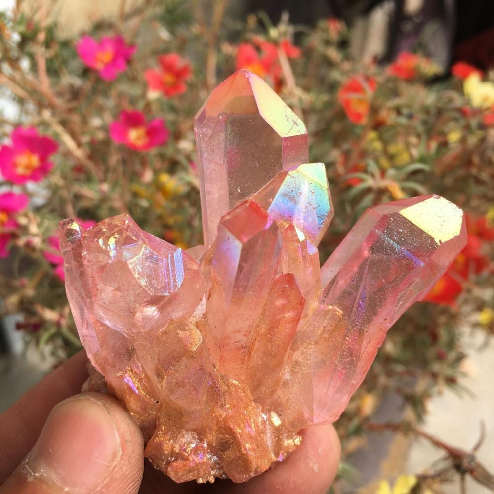 Rare Rose Flame Aura Quartz Cluster - thebodymindsoulshop