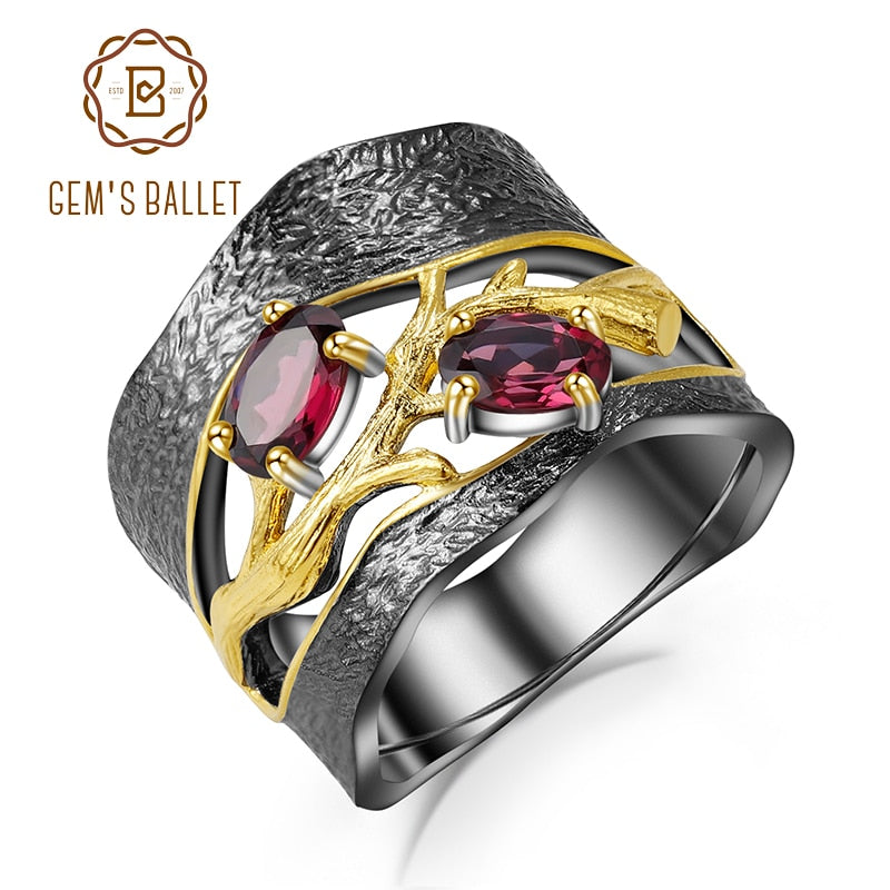 Garnet, Sterling & Gold Branch Ring, Unisex - thebodymindsoulshop