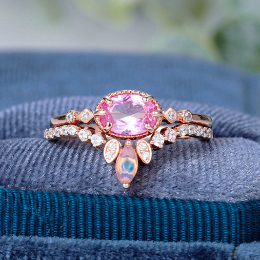 925 Sterling /Rose Gold Plated Stacking Ring, Pink Sapphire, Opal and Zircon - thebodymindsoulshop