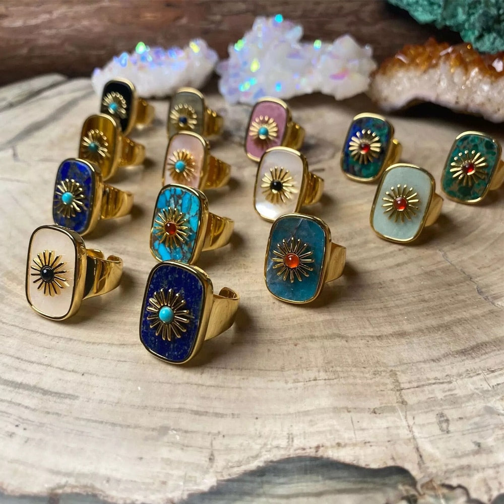 Exquisite Rectangle Gem Stone Sun Rings - thebodymindsoulshop