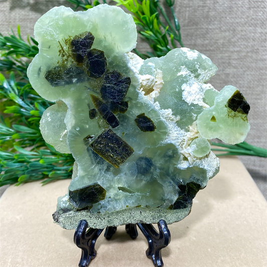 Green Grape Prehnite w/Black Tourmaline, Natural Stone Slab - thebodymindsoulshop