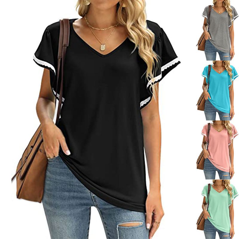 Women's V-Neck Ruffle Sleeve Loose fit T-Shirt - thebodymindsoulshop